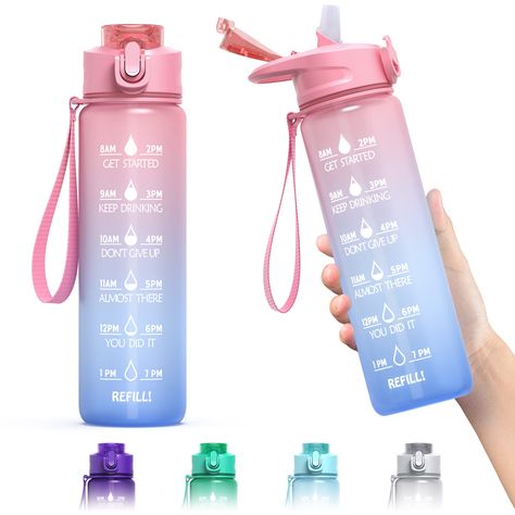 PRICES MAY VARY. 【SILICONE STRAW AND LEAKPROOF】 Equipped with a silicone straw so that you can easily open the cap and drink the water . The leak-proof dust cap can effectively prevent dust from entering your bottle. 【32oz CAPACITY AND EASY TO CARRY】 32oz capacity and portable handle design make this water bottle an ideal choice for school, camping, sports, hiking, biking and outdoor travel. 【Odorless & BPA-free】 Made from premium BPA FREE TRITAN PLASTIC, the bottle is perfect for your daily lif Water Bottle With Times, School Water Bottles, 32oz Water Bottle, Trendy Water Bottles, Gym Outdoor, Stylish School Bags, Gallon Water Bottle, School Supplies Shopping, School Gym