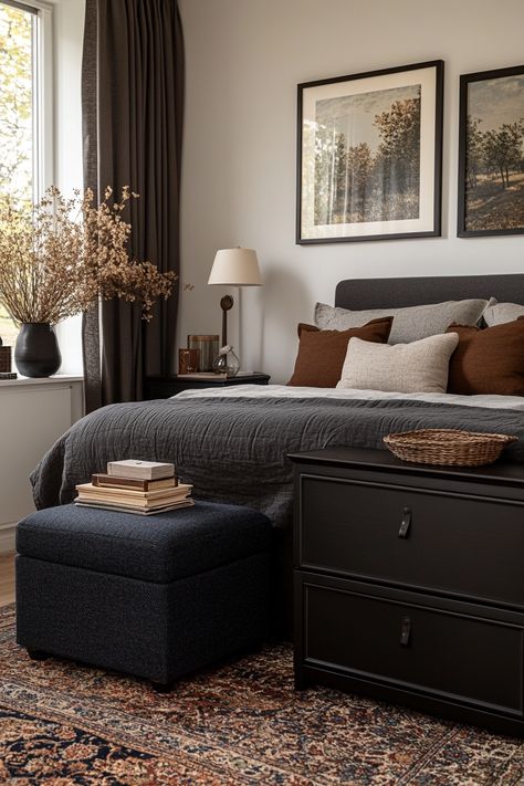 15 Tips for a Serene Grey Bedroom – Everyday Inspo Dark Gray And Cream Bedroom, Slate Grey Bed, Gray Room Color Scheme, Grey Vintage Bedroom, Bedroom Decor Light Grey Walls, Gray Bed Comforter Ideas, Dark Grey Bed Decor, Bedroom Inspo Grey Bed, Classy Grey Bedroom