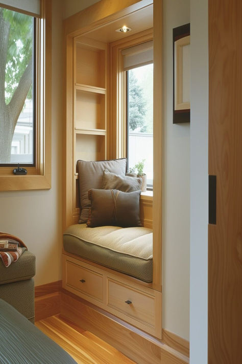 Compact bedroom showcasing a built-in wooden window seat with storage, great for bedroom ideas with wooden furniture. Small Bedroom With Window Seat, Cozy Window Seat Bedroom, Bedroom Window Seat Ideas, Window Seat Design Bedrooms, Bedsit Ideas, Window Seating With Storage, Small Window Seat Ideas, 10x10 Bedroom Design, Small Space Bedroom Ideas