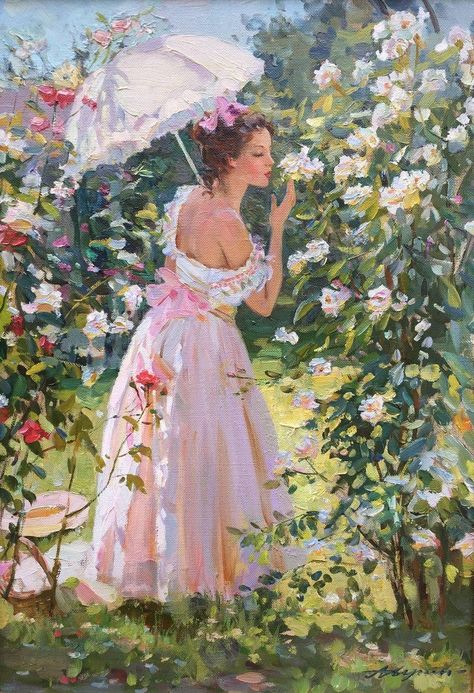 oil painting floral pink dress Painting Of A Woman, Summer Day, A Garden, Umbrella, A Woman, Alexander, Roses, Flowers, Pink