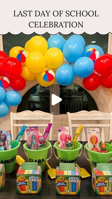 Kelsi Savage on Instagram: "☀️ Last Day of School Celebration! ☀️⁣
⁣
The last day of school is here and I decided at the last minute to setup a little surprise celebration for the kids to wake up to- but something I could throw together SUPER quick! I put the balloon garland together in 10 minutes using this hack! I also put some bubbles, goggles & these delicious @good2growdrinks in these sand buckets and set out the kids school pictures from the year too! 🥹❤️ Happy Summer!!⁣
.⁣
.⁣
.⁣
.⁣
#summer #summerkickoff #summerfun #endofschoolyear #lastdayofschool #summercelebration #diypartydecor #partydecor #partydecorations #momhacks #partydecoration #diy" Last Day Of School Celebration At Home, End Of Year Pool Party Kids, Schools Out For Summer Party, End Of School Year Pool Party, Kids End Of School Pool Party, Party Bucket, The Last Day Of School, Easter Decorations Dollar Store, School Celebration