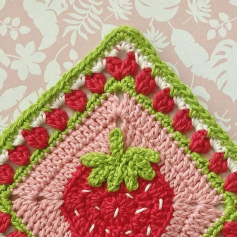 HDMakes - Fibre Artist & Illustrator on Instagram: "🍓 Strawberry granny square 2.0 🍓 The January blues may be hitting hard but I’m working on the Spring/Summer collection. I’ve upgraded my strawberry granny square pattern ready for a new collection including some clothing designs! Watch this space… 👀 #crochetersofinstagram #crochetuk #crochetgrannysquare #grannysquarepattern #crochetdesigner #crochetstrawberry #crochetbusiness #strawberrylover #summervibes #slowfashion #smallbusinessuk #cro Crochet Strawberry Granny Square Cardigan, Strawberry Granny Square Cardigan, Summer Granny Square Pattern, Candy Granny Square, Strawberry Granny Square Blanket, Girly Granny Square, Spring Granny Square Crochet, Pie Granny Square, Blueberry Granny Square