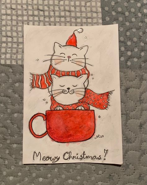 Cat Christmas Cards Diy, Diy Christmas Cards Drawing, Christmas Drawings Cute, Christmas Cards With Cats, Christmas Card Drawing Ideas, Christmas Cat Drawing, Xmas Card Ideas, Cute Christmas Card Ideas, Funny Cat Christmas Cards