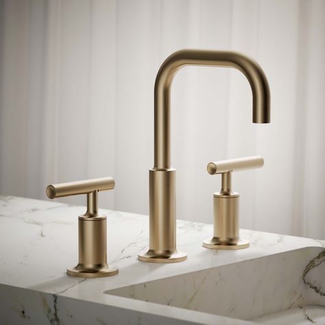 Combining architectural forms with sensual design lines, Purist faucets and accessories bring a touch of modern elegance to your bathroom. This sink faucet exemplifies the Purist collection's understated style, with its low gooseneck spout and lever handles. Easy-to-install and leak-free UltraGlide(TM) valves provide reliable performance and durability. And the spout features laminar flow, which helps conserve water while preventing splashing. KOHLER Purist Vibrant Brushed Bronze Widespread 2-Handle WaterSense Bathroom Sink Faucet with Drain | 14406-4-BV Kohler Vibrant Brushed Bronze, Bathroom Fixtures And Finishes Ideas, Kohler Purist Shower System, Brushed Bronze Bathroom Fixtures, Brushed Bronze Bathroom, Chalet Bathroom, Bronze Bathroom Fixtures, Laminar Flow, Faucets Bathroom