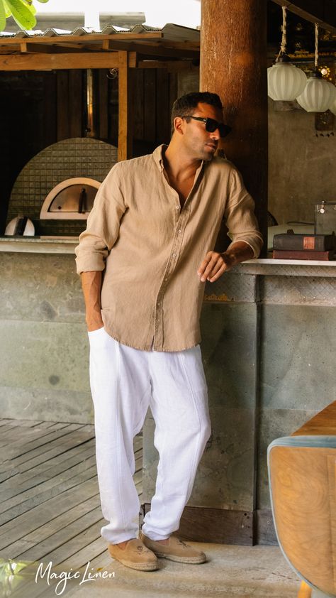 Italian Wear Men, Mens Wear Shirt, Men Resort Outfit, What To Wear On A Cruise Men, Linen Pants Outfit Men Casual, Florida Men Outfits, Men’s Fashion For Italy, Greek Men Fashion, Old Money Outfits Men Summer Linen