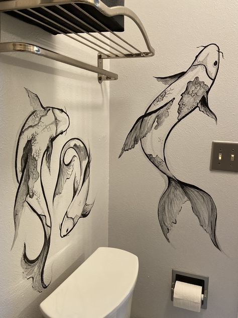 Fish Mural, Wall Drawing Ideas, Bedroom Art Painting, Bathroom Wall Mural, Bathroom Mural, Coy Fish, Cottagecore Kitchen, Wall Drawings, Mural Art Design