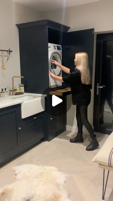 Kirsty Gore on Instagram: "A little tour of the utility for you🥰 I don’t think I’ve done a full tour in here. Once the insides of my cupboards are tidy I’ll do a little tour inside them too😂-which actually might never happen 😂 • Ad/ we also decided to order the matching dryer from @ao to match our washing machine! We love it! It’s the Bosch Series 6 Wifi Connected 9Kg Heat Pump Tumble Dryer- it’s a shame I have doors on these as they look so lovely together. Not only do they match in looks and capacity though, but they can also link to my WiFi, letting me control the dryer from my phone🙌🏻so i can always fit the washing round my busy life😩😂It also comes with a 5 year manufacturer warranty which is awesome too Hope you enjoy the tour and I’ll pop a swipe up on my stories if you want m Cupboard For Washing Machine And Dryer, Dryer On Top Of Washing Machine, Tumble Dryer Cupboard, Utility Room Ideas Uk, Laundry Cupboard Ideas, Boiler Cupboard Ideas, Washing Machine Cupboard, Washing Machine Cabinet, Utility Ideas