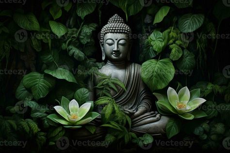 Buddha statue with lotus flower and green leaves background AI Generated Lotus Flower Images, Buddha Background, Green Leaves Background, Wolverine Artwork, Lotus Wallpaper, Green Leaf Background, Buddha Artwork, Best Whatsapp Dp, Buddha Art Painting