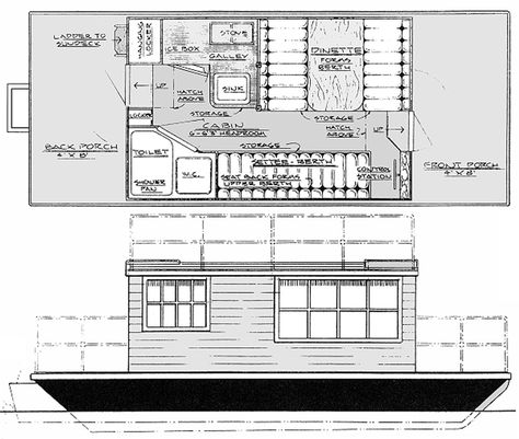 20' & 24' houseboats The perfect retreat for anchoring a spell in your favorite backwater cove, or for moseying along protected waters in search of game, fish, sights, or solitude. Shantyboat living might be your best life.  See more on the lifestyle here: https://smallcraftadvisor.substack.com/p/floating-homesteads?utm_source=publication-search No special skills are required to build. Anyone who can drill a hole, drive a screw, and saw a board can do the job. In fact, if you can't build this bo Houseboat Plans, Small Houseboats, Trailerable Houseboats, Shanty Boat, Plywood Boat, Back Porches, Radial Arm Saw, Boat Building Plans, Flatbed Trailer