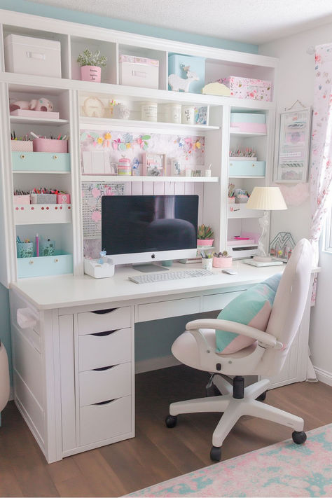 craft room with white chair work desk table lamp bins and binders paper supplies colored pens Craft Room Game Room Combo, Storage For Rooms, She Cave Ideas, One Room Design Ideas, Crafts Desk Ideas, Back To School Desk Ideas, Hobby Room Inspiration, Craft Room In Bedroom, Crafting Space Ideas Small