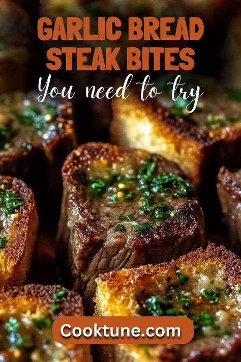 Indulge in these delicious Garlic Bread Steak Bites, featuring tender grilled steak marinated in olive oil, garlic, and Parmesan, served on crispy French baguette slices. Perfect for appetizers or a hearty snack! Garlic Bread Steak Bites, French Steak, Steak Marinated, Steak Grilled, Breaded Steak, Baguette Slices, Garlic Steak, Hearty Snacks, Olive Oil Garlic