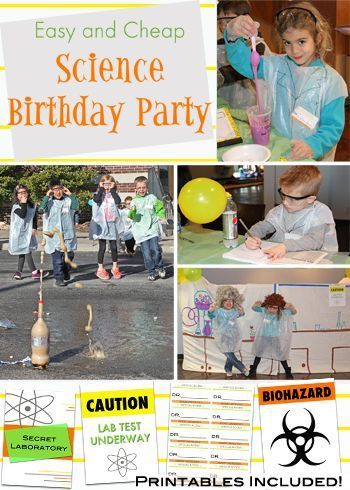 An entire FUN & CHEAP Science Birthday Party plan that I did for my 7-year-old's birthday party. This 1 hour and 30 minute plan is complete with a take-home gift idea, 3 science experiments, the easiest cake idea ever, decorating ideas, and printables. This was seriously one of the coolest birthday parties ever and anyone can pull it off with this plan! Science Party Activities, Experiment Birthday Party, Science Party Decorations, Science Themed Party, Science Birthday Party Ideas, Scientist Birthday Party, Mad Scientist Birthday, Science Birthday Party, Mad Science Party