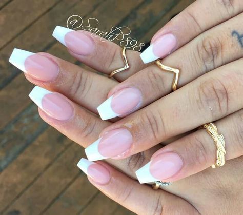 Perfect coffin shape french tips White Tip Acrylic Nails, Coffin French, Short French, Makeup Tip, Sculpted Nails, French Tip Nail Designs, Short Coffin, Pink Gel, Short Coffin Nails