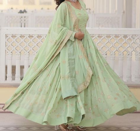 ****Beautiful light and green colors***** Elegant anarkali gown with embroidered dupatta #NepaliTraditions #vibrantcolor #premiumquality #nepalitraditional #🔥🔥🔥 #❤️❤️❤️ Pista Colour Dress, Pista Colour, Ceremonial Wedding, Lehenga Choli Designs, Lehenga Crop Top, Gown With Dupatta, Pista Green, Sequence Embroidery, Lehenga Choli Wedding