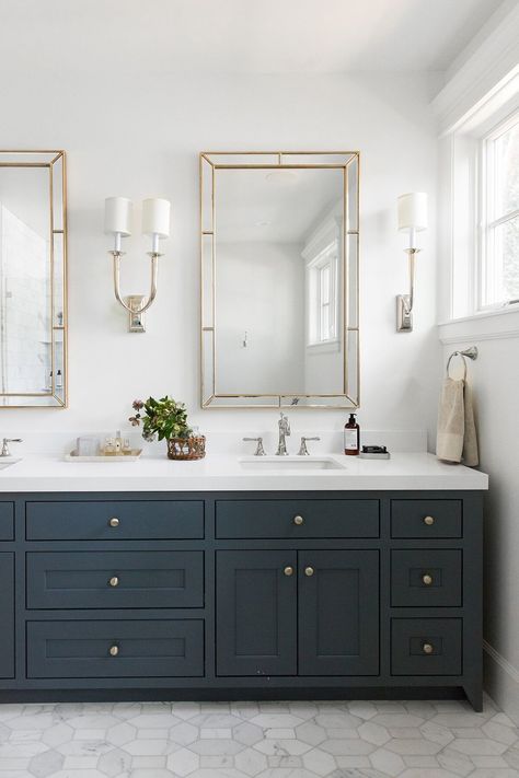 Stringham Project - Studio McGee Guys Bathroom, Joanna Gaines Bathroom, Blue Bathrooms Designs, Hale Navy, House Remodeling, Dollar Store Hacks, Bedroom Renovation, Gorgeous Bathroom, Tiny Bathrooms