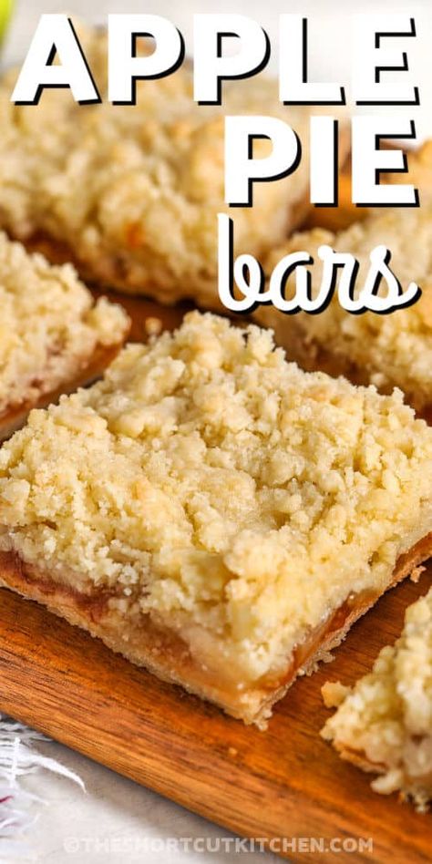 Apple Pie Bars on a wooden board with a title The Best Monster Cookie Recipe, Apple Pie Bars Recipe, Monster Cookies Recipe, Yummy Cheesecake, Apple Pie Bars, Pie Bar Recipes, Thanksgiving Desserts Easy, Easy Apple Pie, Buttery Shortbread