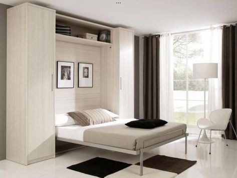 Folding Bed Ideas, Fold Up Wall Bed, Hidden Wall Bed, Bed With Wardrobe, Murphy Bed Ikea, Beds For Small Spaces, Murphy Wall Beds, Wardrobe Bed, Brown Curtains