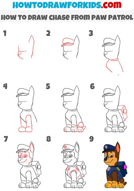 Chase From Paw Patrol, Paw Drawing, Easy Disney Drawings, Paw Patrol Characters, Easy Drawing Steps, Drawing Lesson, Chase Paw Patrol, Easy Drawing Tutorial