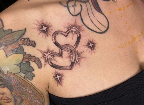 Star On Face Tattoo, Heart Themed Tattoos, Star And Heart Tattoo, Heart Tattoo Women, Y2k Heart Tattoo, Shaded Heart Tattoo, Big Heart Tattoo, Star Hip Tattoo, Anniversary Tattoo