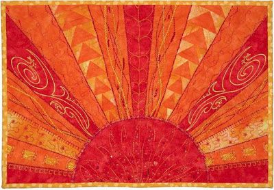 Free pattern day: Sun and solstice quilts. Like the idea of the rays of color and texture flowing from the circle Moon Quilt, Landscape Quilt, Fabric Postcards, Landscape Quilts, Miniature Quilts, Colorful Quilts, Barn Quilt, Wall Quilts, Barn Quilts