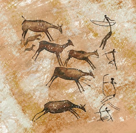 Rock painting in a cave, hunters and a herd of antelopes. Vector illustration. Altamira Cave, Prehistoric Painting, Prehistoric Cave Paintings, Paleolithic Art, Cave Painting, Affiches D'art Déco, Cave Drawings, Primitive Painting, Ancient Paintings