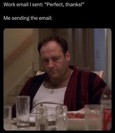 Email I sent: Perfect, thanks! Me sending the email: tony soprano Sopranos Quotes, Sopranos Poster, Christopher Moltisanti, James Gandolfini, Tony Soprano, Tv Icon, Daily Mood, Hbo Series, Martin Scorsese