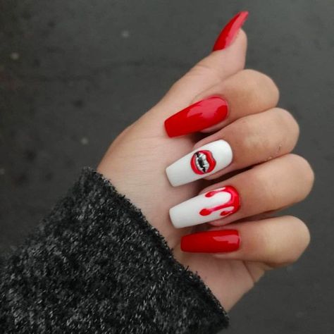 Vampire Lips Nail Art, Vampire Diary Inspired Nails, Lips Nail Design, Lips Nail Art Designs, Nails With Lips Design, Tvd Nails Ideas, Lip Nail Designs, Lips Nails Designs, Tvd Nails