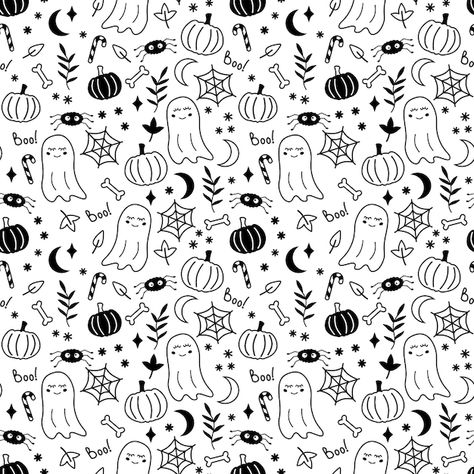 Vector black and white halloween seamles... | Premium Vector #Freepik #vector #pumpkin-pattern #seamless #monster-background #cute-pattern Black And White Doodle Pattern, Halloween Pattern Background, Seamless Halloween Pattern, Doodle Ghost, Monster Background, Spooky Pattern, Patterns Halloween, Work Calendar, Pattern Doodle