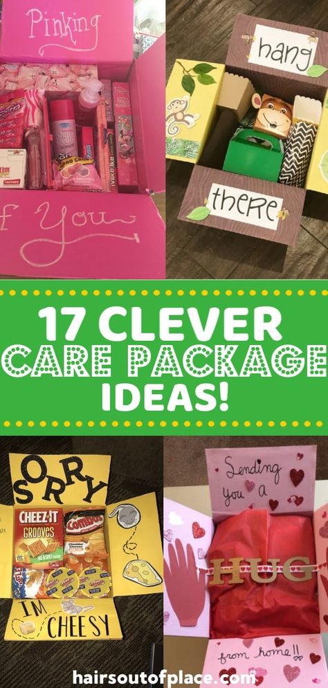 21 Care Package for College Students - Hairs Out of Place Valentines Day College Care Package, Just Because Friend Gifts, Surprise Package Ideas, Snackbox Gift Ideas, Mail Gift Ideas, Diy Care Package Ideas, Cute Gift Box Ideas, Self Care Package Gift Ideas, Gift Package Ideas