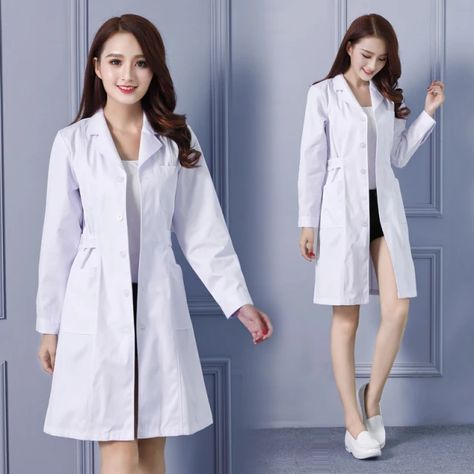 Women's Fashion Lab Coat Short Sleeve Doctor Nurse Dress Long Sleeve Medical Uniforms White Jacket with Adjustable Waist Belt _ - AliExpress Mobile Lab Coat Fashion, Women's Lab Coats, Nurse Dress, Beauty Uniforms, Doctor Coat, Doctor Quotes, Long Sleeve Swimwear, Lab Coats, Clinic Design