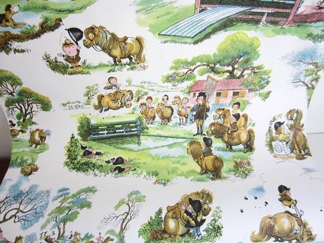 vintage kids wallpaper | Vintage Wallpaper - English Equestrian Theme - Nursery - Horses - Fox ... Wallpaper Horses, Thelwell Ponies, Norman Thelwell, Hunting Wallpaper, Horse Cartoon, Green Floor, Scene Wallpaper, Hunt Scene, Horse Wallpaper