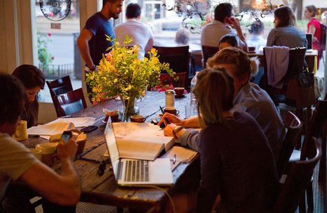 This image depicts a group of nursing students utilizing a collaborative learning strategy in the form a study group at a coffee shop. The coffee shop is their learning space or learning environment. Collaborative Learning Strategies, Barista Course, Learning Strategies, Nursing Education, Collaborative Learning, The Genius, Restaurant Interior Design, Learning Spaces, Restaurant Interior