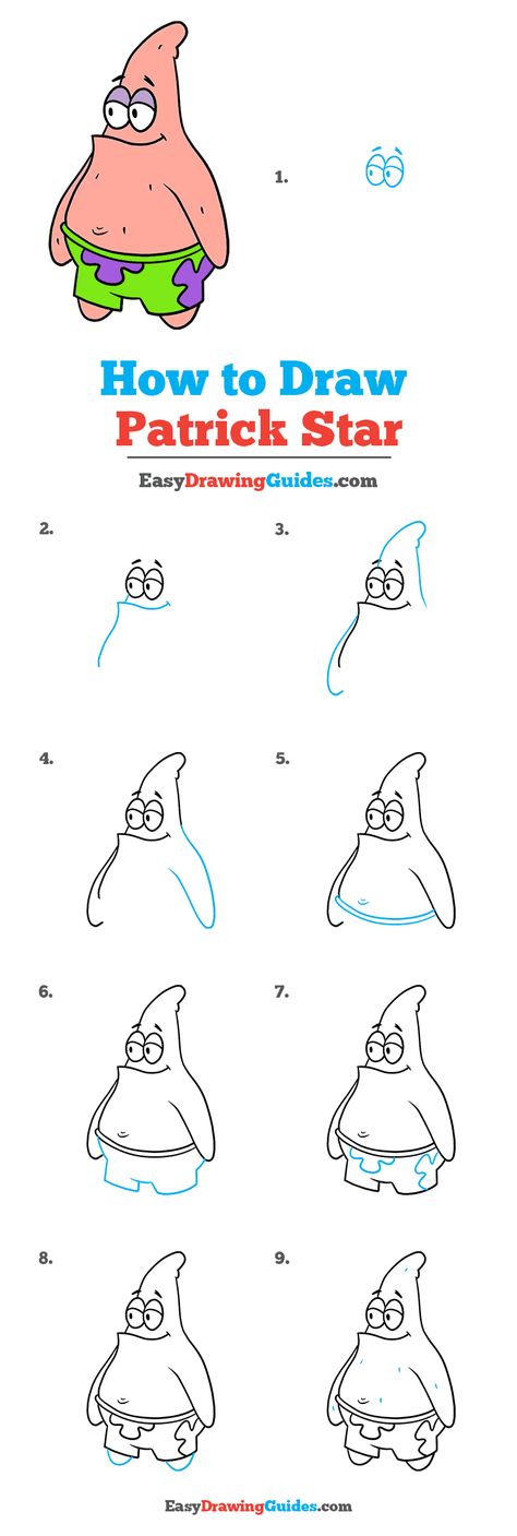 How to Draw Patrick Star from Spongebob Squarepants Step by Step Tutorial Image Spongebob And Patrick Drawing Easy, How To Draw Patrick Star Step By Step, Patrick Star Drawing Easy, Spongebob Drawings Step By Step, How To Draw Patrick Star, How To Draw Spongebob Characters, Spongebob Drawings Easy Step By Step, How To Draw Spongebob Step By Step, Patrick Spongebob Drawing