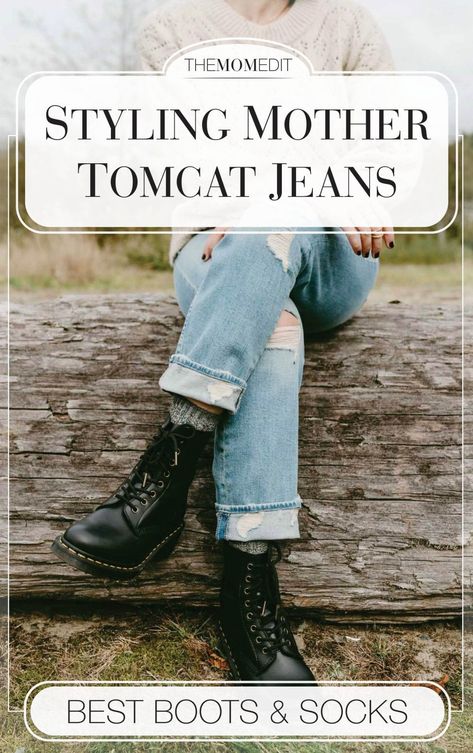 The Best Boots (& Socks) To Wear With Cropped Straight Leg Jeans - The Mom Edit Chelsea Boots With Loose Jeans, Chinos And Boots Women, Cropped Jeans With Combat Boots, Boyfriend Jeans Outfit Winter Boots, How To Wear Mom Jeans With Boots, Mother Tomcat Jeans Outfit, Straight Leg Jeans With Combat Boots, Cuffed Jeans Outfit Winter, Mom Jeans Boots Outfit