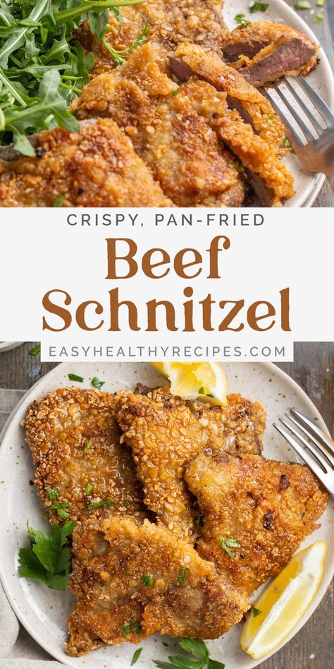 Schnitzel Recipe Beef, Easy Schnitzel Recipe, Beef Schnitzel Recipes Dinners, Beef Snitzel Dinner, Crumbed Beef Schnitzel, German Steak Recipes, Shnitzle Recipe Beef, German Meat Recipes, Cutlets Recipes Beef