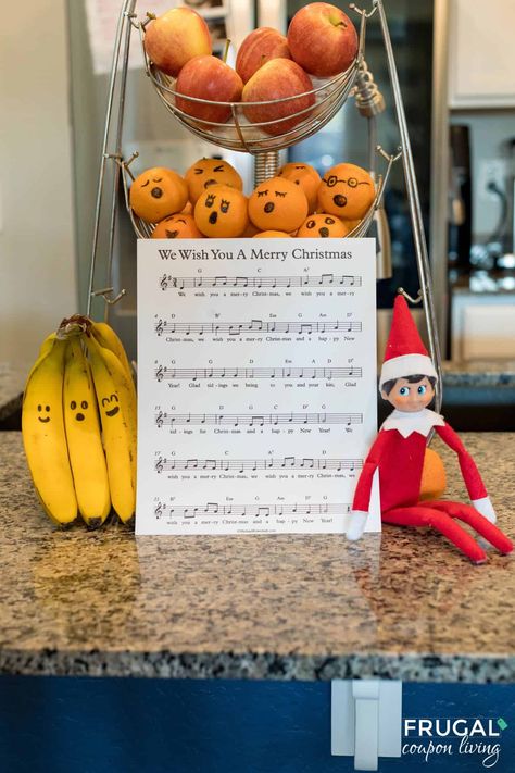 Twist up your Elf on the Shelf game with singing fruit. Draw faces on bananas and clementines to create a festive choir. Your kids will love it! These fruits are singing we wish you a merry Christmas using free printable sheet music for Christmas. New Elf on the Shelf ideas daily plus free Elf on the Shelf printables. #FrugalCouponLiving #ElfontheShelf Elf Bananas, Elf On The Shelf Bananas, Elf Musical, Elf Printables, Free Printable Sheet Music, Mom Coupons, Elf Face, Draw Faces, Elf Fun