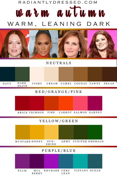 Warm Autumn Color Palette. The Radiantly Dressed comprehensive guide to Warm Autumn in the 12 season system of color analysis. Warm Skin Tone Colors, Warm Autumn Color Palette, Autumn Color Palette Fashion, Warm Fall Outfits, Deep Autumn Color Palette, Soft Autumn Color Palette, Autumn Skin, Autumn Color Palette, Warm Skin Tone