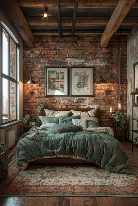 29 Green and Terracotta Bedroom Ideas for a Warm and Earthy Retreat 14 Exposed Brick Wallpaper Bedroom, Brick Wall Accent Bedroom, Green Bedroom Industrial, Industrial Wood Furniture, Bedroom Ideas With Brick Wall, Rustic Bedroom Ideas Colors, Rustic Brick Bedroom, Brick Wall Room Decor, Exposed Brick Decorating Ideas