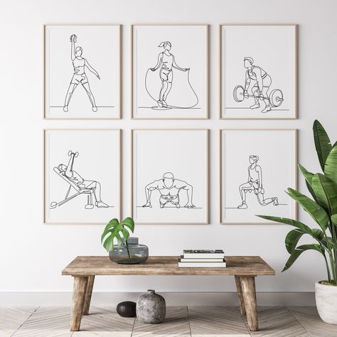 "Decorate your home with this elegant line art poster set. Featuring minimalist designs, it's a perfect addition to any room. Available for digital download after purchase. 🔔 You can print (300 DPI, pixels per inch) in the sizes listed below. ✏️File 1, File 2 and File 3 (2:3 | 3:4 | 4:5 | 5:7 | 11:14 ) for printing: INCHES - 6\"x9\" | 8\"x12\" | 10\"x15\" | 12\"x18\" CM - 16x24cm | 20x30cm | 24x36cm | 30x45cm INCHES - 6\"x8\" | 9\"x12\" | 12\"x16\" CM - 15x20cm | 24x32cm | 30x40cm INCHES - 8\"x10\" | 16\"x20\" CM - 20x25cm | 40x50cm INCHES - 11\"x14\" CM - 22x28cm 5\"x7\" | A5 | A4 | A3 🔔 How it works? ✏️ You will be able to download your wall art after you purchase this item. You will not receive a physical product. After your purchase is completed, you will be taken to the Etsy downloa Sport Wall Art, Home Gym Wall Art, Small Gym Room, Home Gym Art, Home Gym Wall Decor, Workout Room Decor, Fitness Wall Art, Home Gym Inspiration, Gym Wall Art