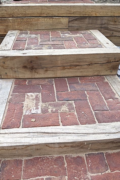 How To Build A Step, Cottage Garden Steps, Wood Garden Steps, Garden Patio Steps, Brick Steps Garden, Sleeper Steps Garden, Patio With Steps Down To Garden, Patio Steps Down To Garden, Raised Patio Ideas With Steps