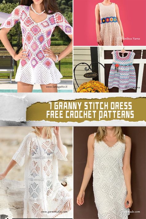 7 Granny Stitch Dress Crochet Patterns – FREE - iGOODideas.com Plus Size Crochet Dress Pattern, Crochet Granny Square Dress Pattern Free, Crochet Summer Dress Pattern Free, Maxi Dress Patterns Free, Dress Pattern Free, Granny Dress, Vintage Crochet Dresses, Stitch Dress, Crochet Dress Pattern Free