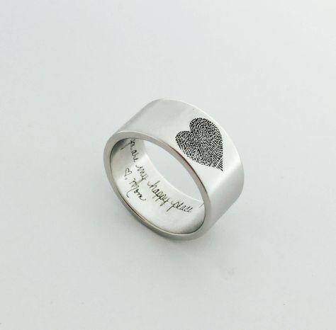 "ACTUAL FINGERPRINT &HANDWRITING RING This ring is personalized with actual fingerprint and handwriting you provide us.It is good for anniversary, Birthdays, Promises or Wedding. --------------------- BAR & ENGRAVING ------------------------- 1.no engraving 2.fingerprint outside ring engraving 3.fingerprint outside ring and handwriting inside ring engraving OTHER INFORMATION: * By default, silver items come with BLACK engraving,14k Gold Filled and 14k Rose gold Filled items come with CLEAR engra Diamond Birthstone Ring, Fingerprint Heart, Cute Promise Rings, Delicate Gold Ring, Fingerprint Ring, Ring Selfie, May Birthstone Rings, Natural Emerald Rings, Gold Rings Stackable