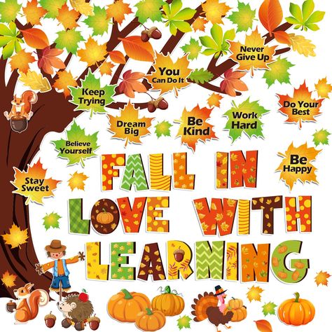 PRICES MAY VARY. fall bulletin board decorations set: imagine your classroom decorated with these beautiful fall classroom decorations that are full of energy and excitement, and children enjoying a happy learning time inside the classroom! how wonderful it is! our 139 pcs fall bulletin board decorations set includes colorful maple leaves, oak leaves, acorns, pumpkins, a squirrel, turkey, scarecrow, hedgehog and “fall in love with learning” text design, adding happy and positive learning atmosph Fall Motivational Bulletin Boards, Pumpkin Spice Bulletin Board Ideas, Fall Bulletin Board Ideas For Preschool September, September Classroom Themes, Fall Decorations For Classroom, Fall Tree Bulletin Board, Fall Theme Bulletin Board, Fall Bulletin Boards For Elementary, Fall Class Decor