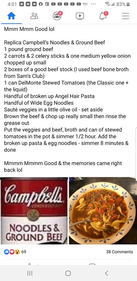 Campbell's Ground Beef noodle Soup Campbells Noodles And Ground Beef Soup, Noodles And Ground Beef Soup, Campbell Soup Recipes, Ground Beef And Noodles, Ground Beef Soup, Vegetable Soup Ingredients, Beef Chops, Campbells Soup Recipes, Campbells Recipes