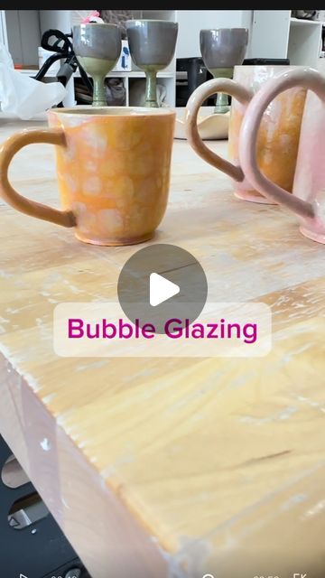 DJ Does Pottery on Instagram: "Bubble glazing 🫧 
 
Bubble glazing is a technique that creates a textured, bubbly surface on pottery.

Materials Needed: Bisqued pottery piece, underglaze, soap, water, cup, straw

Step 1:  make sure the piece is clean by wiping it down with a damp sponge to remove any dust or debris.

Step 2: mix underglaze, soap, and a bit of water into a uniform solution. 

Step 3: blow bubbles into the solution using a straw, letting the bubbles overflow over the cup and onto the piece. Set it aside and let the bubble magic happen. The bubbles will pop on their own. 

Step 4: Let the underglaze dry by a fan. When dry, dip in clear glaze. 

#pottery #prep #ceramic #studio #preparation #potterystudio #potterylove #potterylife #clay #clayart #handmade #art #artoftheday #pro Ceramic Bubble Glaze, Bubble Glazing Pottery, Bubble Glaze Pottery, Pottery Materials, Bubble Glazing, Underglaze Techniques, Bubble Magic, Blow Bubbles, Glaze Pottery