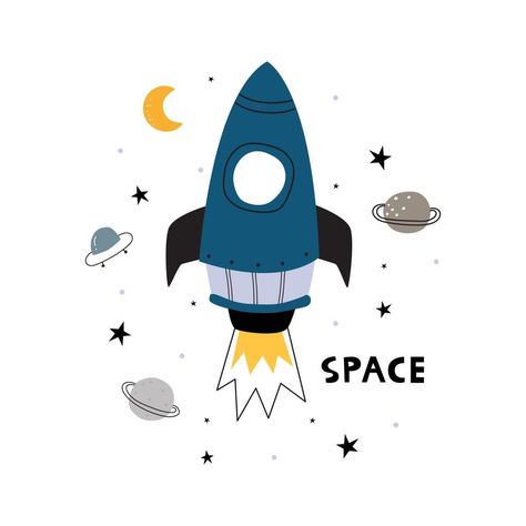 Rocket Illustration, Kids Graphic Design, Flower Logo Design, Whimsical Wall Art, Space Illustration, Baby Posters, Baby Themes, Rocket Ship, Space Print