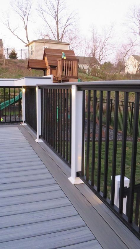 back aluminum railing with white vinyl posts on a gray trex deck White And Black Railing, Trex Deck Railing, Bar Railing, Trex Railing, Black Railing, Under Deck, White Deck, Deck Remodel, White Porch