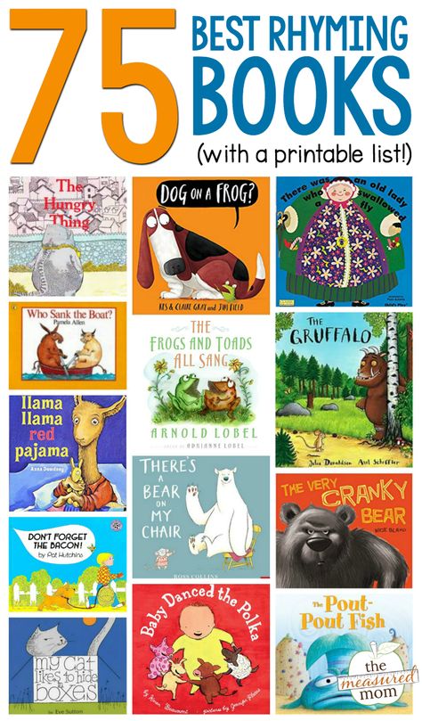 Love this giant list of rhyming books for kindergarten and preschool! Great suggestions for older kids too! Phonics Alphabet, The Measured Mom, Measured Mom, Rhythm Activities, Rhyming Activities, Homeschool Books, Rhyming Books, List Of Books, Kindergarten Books