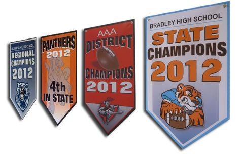 Our banners are the perfect way to show your schools spirit and recognize your achievements. We can create your Championship Banners in school colors along with your school logo or mascot. All of our banners are made to order for each schools specific needs. All of our banners have finished edges, grommets and are ready to hang. Championship Banner, School Logo, School Colors, School Spirit, Banners, Create Yourself, High School, Create Your, Quick Saves