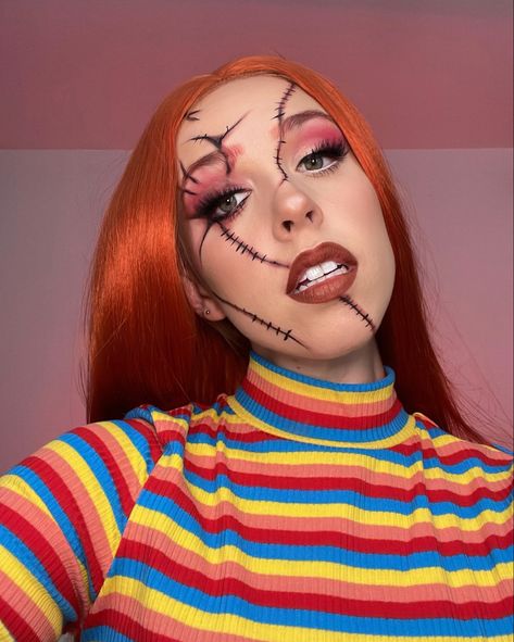 Chuckie Halloween Makeup, Chucky Easy Makeup, Chucky Halloween Costume Makeup, Chucky Halloween Costume Female Makeup, Chunky Halloween Makeup, Women Chucky Makeup, Chucky Makeup Female Glam, Easy Chucky Costume, Chucky Women Makeup